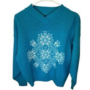 VTG The Aspen Lid wool blend turquoise snowflake v-neck  sweater. Size L